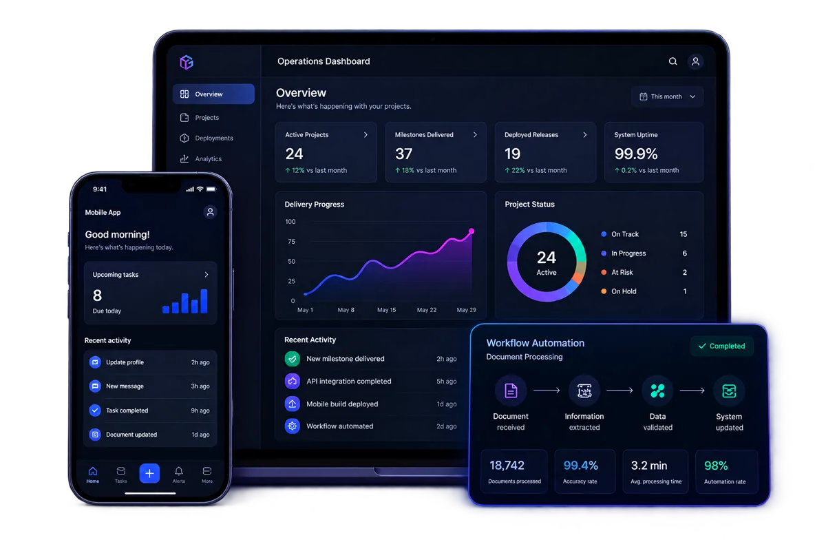 Tg Apps product delivery dashboard with mobile app and workflow automation