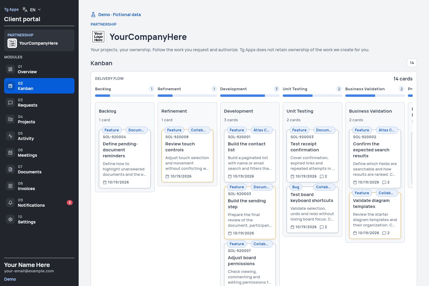 Client portal demo showing fictional tasks on a Kanban board