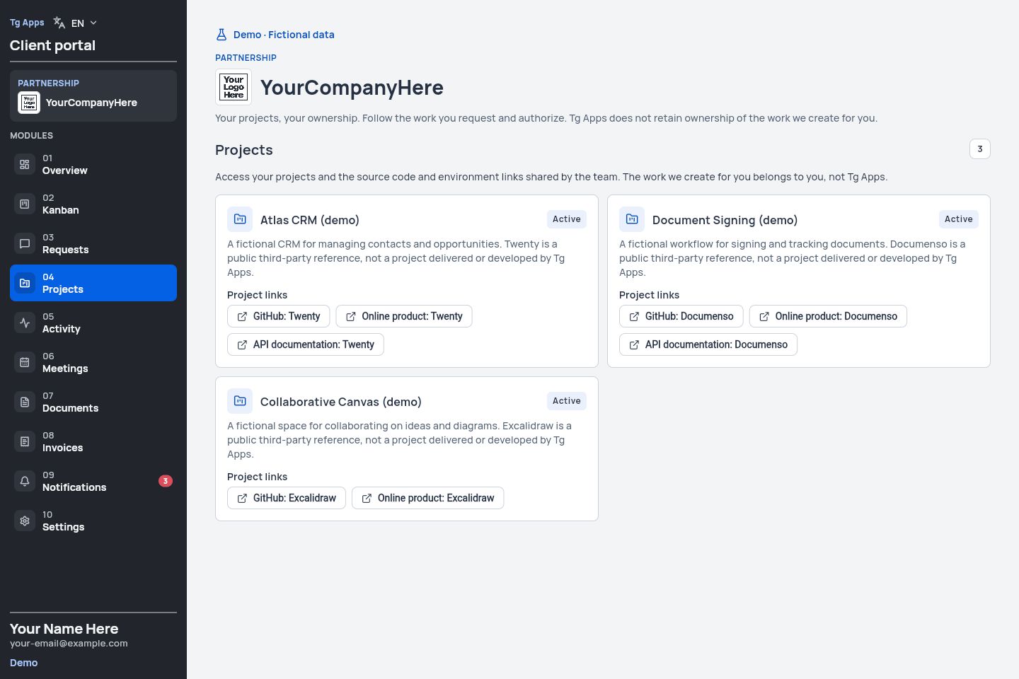 Fictional projects in the client portal with example repository and application links