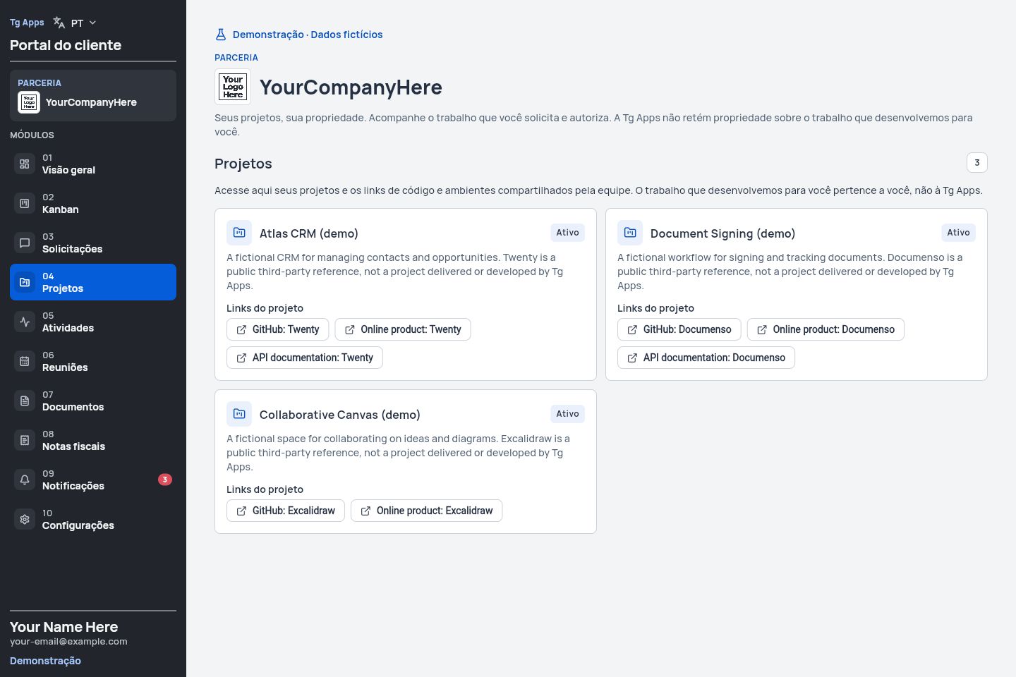 Projetos fictícios no portal com exemplos de links de repositórios e aplicações